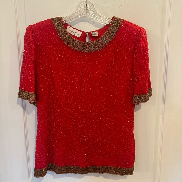 Laurence Kazar Womens Vintage Red & gold Beaded Silk short sleeve Blouse sz XL - Picture 1 of 5